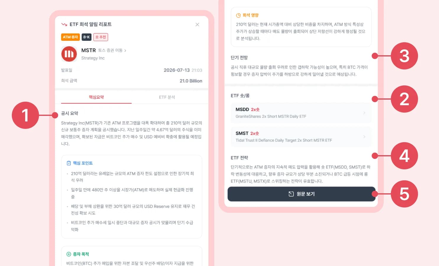 모바일 화면: ETF 희석 알림 리포트 상세 예시