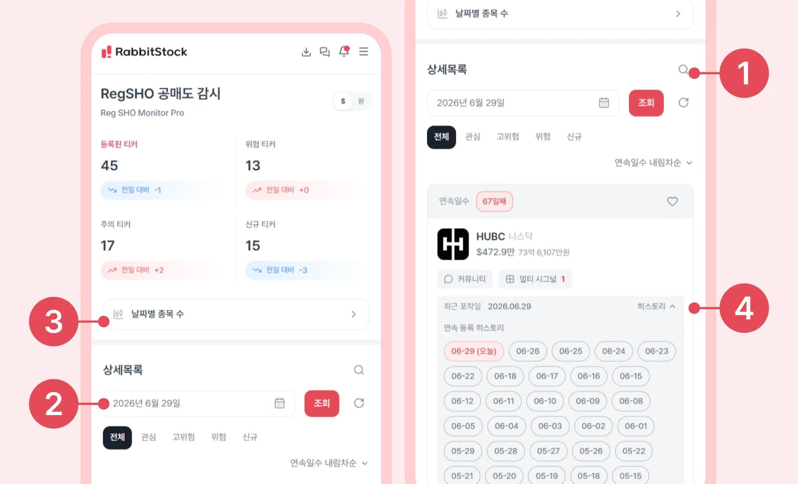 모바일 화면: Reg SHO 규제 종목 상세 목록 및 연속 등록 히스토리