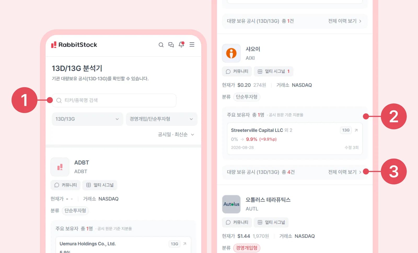 모바일 화면: 13D/13G 분석기 종목별 주요 보유자 요약 및 공시 리스트
